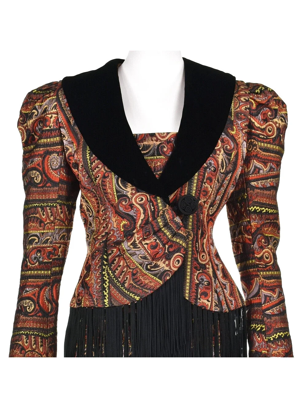 ZANDRA RHODES Rare '80s Jacquard Suit w/Velvet Lapels & Long Black Fringe, SZ SM - Picture 2 of 9